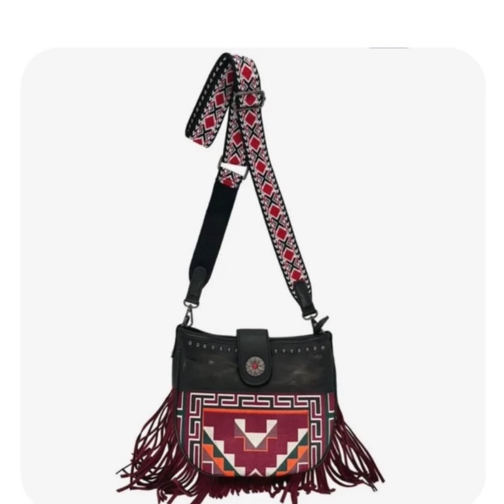Boho Fringe Crossbody Bag with Burgundy Geometric Panel
